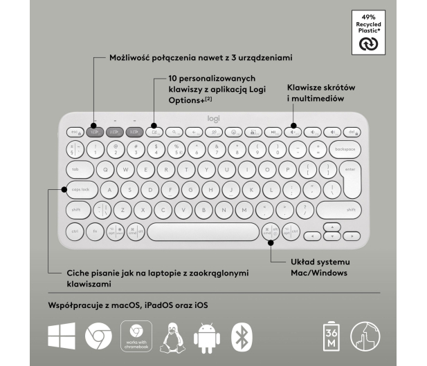 Logitech K380s Pebble Keys 2 biały - 1172751 - zdjęcie 10